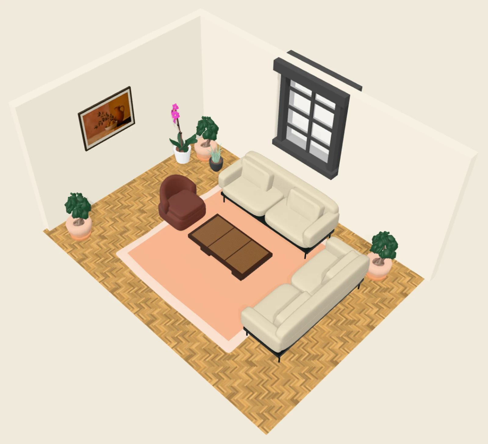 A furnished living room shown in the MyRoomPlanner 3D view