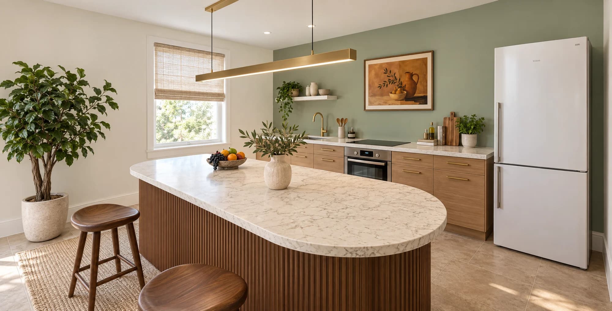 AI kitchen interior concept with soft daylight, sage cabinetry and a marble island