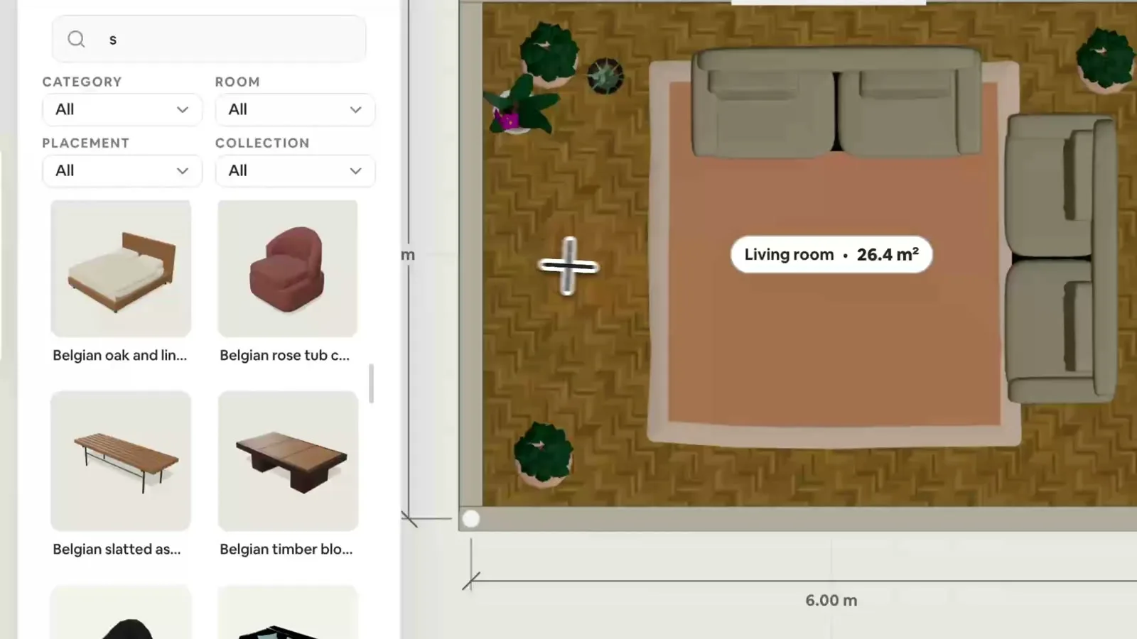 MyRoomPlanner editor showing a furnished living room from above with a six-metre dimension