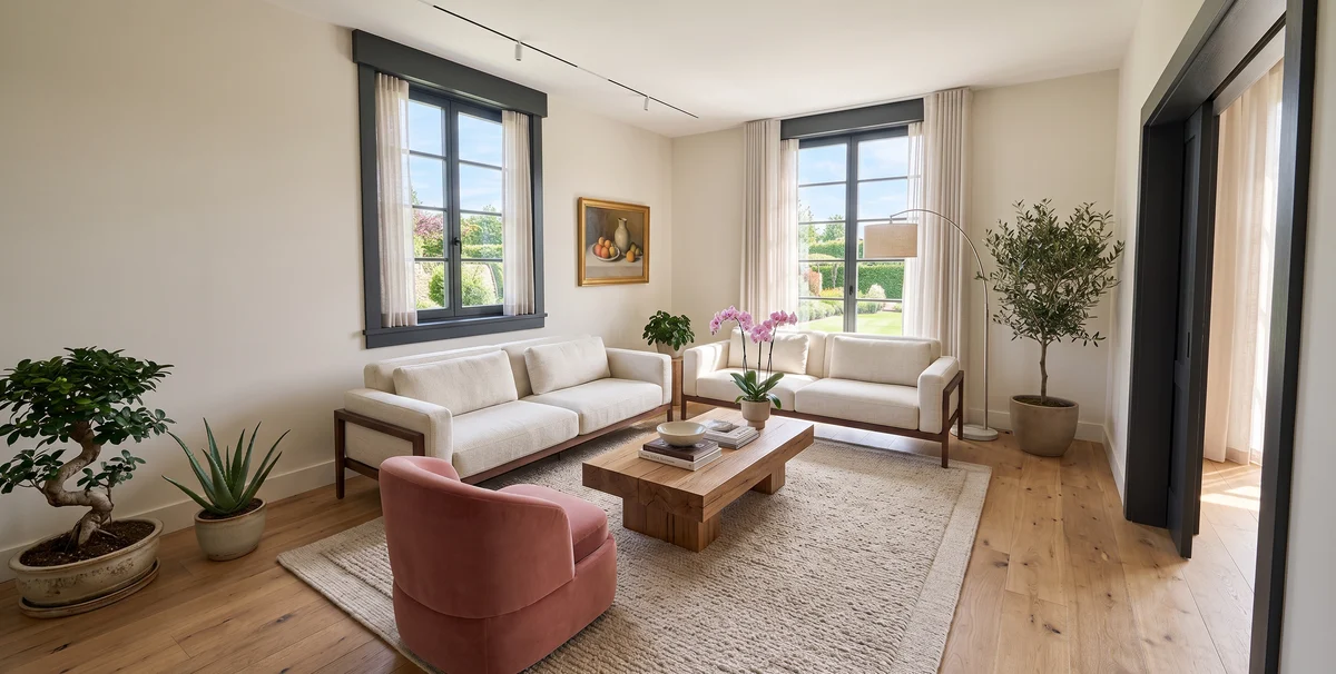 Ein Wohnzimmer mit zwei Leinensofas und einem rosafarbenen Samtsessel, gerendert aus einem in myroomplanner gezeichneten Grundriss