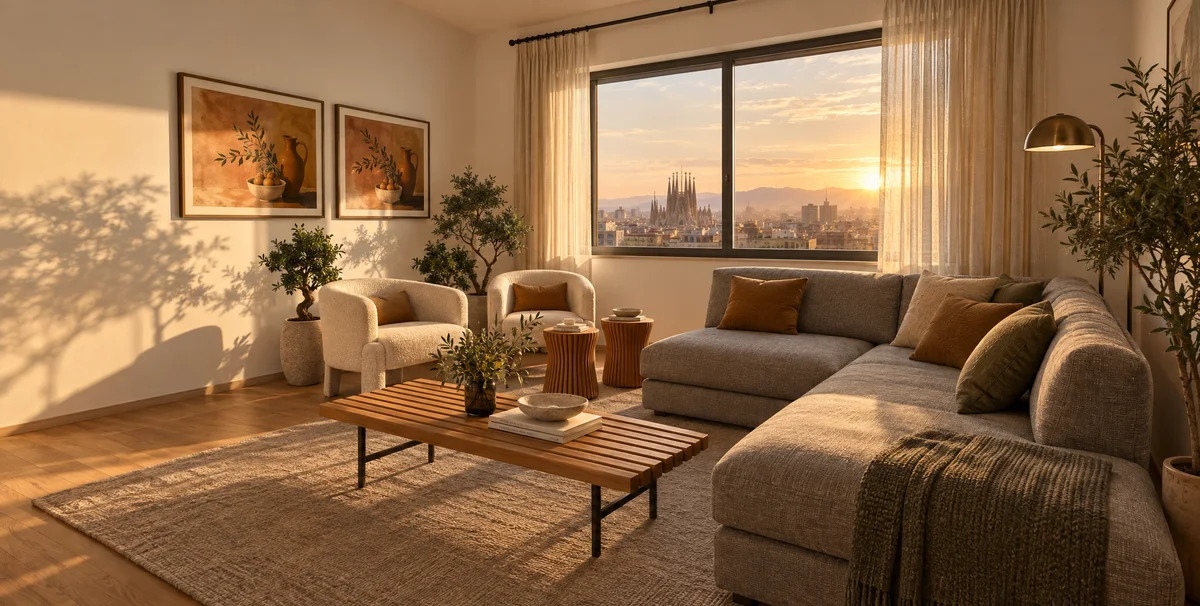 The same living room as a photoreal AI render: modern, at golden hour, with Barcelona and the Sagrada Família through the window