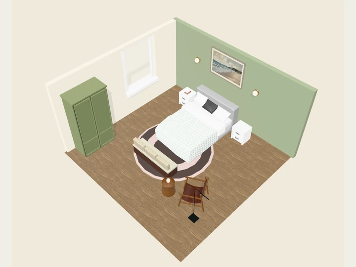 Olivgrünes Gästezimmer an der Küste, eine eingerichtete Raumvorlage